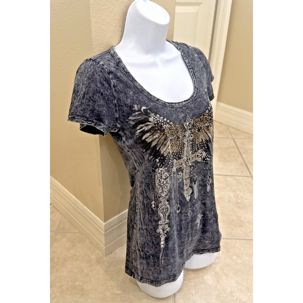 Vintage Y2K Top Acid Wash Tee T-Shirt Large Grunge Rhinestone Cross Wings Gothic - Picture 3 of 9